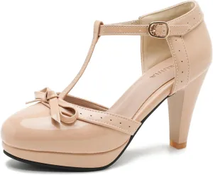 Womens T-Strap Mary Janes Platform Bow Heels Lolita Shoes Round Toe Ankle Strap Vintage 1950 Dress Shoes Oxfords Pumps