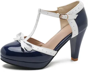 Womens T-Strap Mary Janes Platform Bow Heels Lolita Shoes Round Toe Ankle Strap Vintage 1950 Dress Shoes Oxfords Pumps