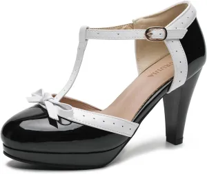 Womens T-Strap Mary Janes Platform Bow Heels Lolita Shoes Round Toe Ankle Strap Vintage 1950 Dress Shoes Oxfords Pumps