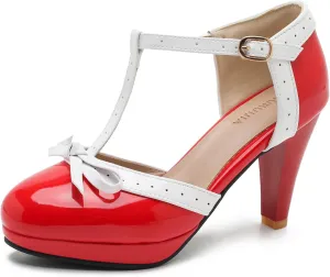 Womens T-Strap Mary Janes Platform Bow Heels Lolita Shoes Round Toe Ankle Strap Vintage 1950 Dress Shoes Oxfords Pumps