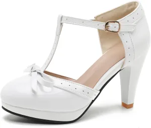 Womens T-Strap Mary Janes Platform Bow Heels Lolita Shoes Round Toe Ankle Strap Vintage 1950 Dress Shoes Oxfords Pumps