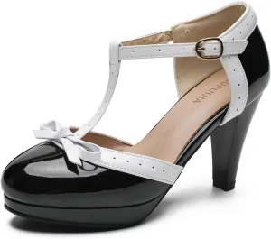 Womens T-Strap Mary Janes Platform Bow Heels Lolita Shoes Round Toe Ankle Strap Vintage 1950 Dress Shoes Oxfords Pumps