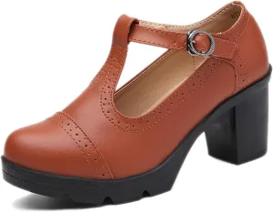 Women's T-Strap Wingtip Platform Chunky Heel Mary Janes with Adjustable Buckle Retro Round Toe Comfort Leather Anti-Slip High Block Heel Brogue Oxfords for Wedding Work Dress