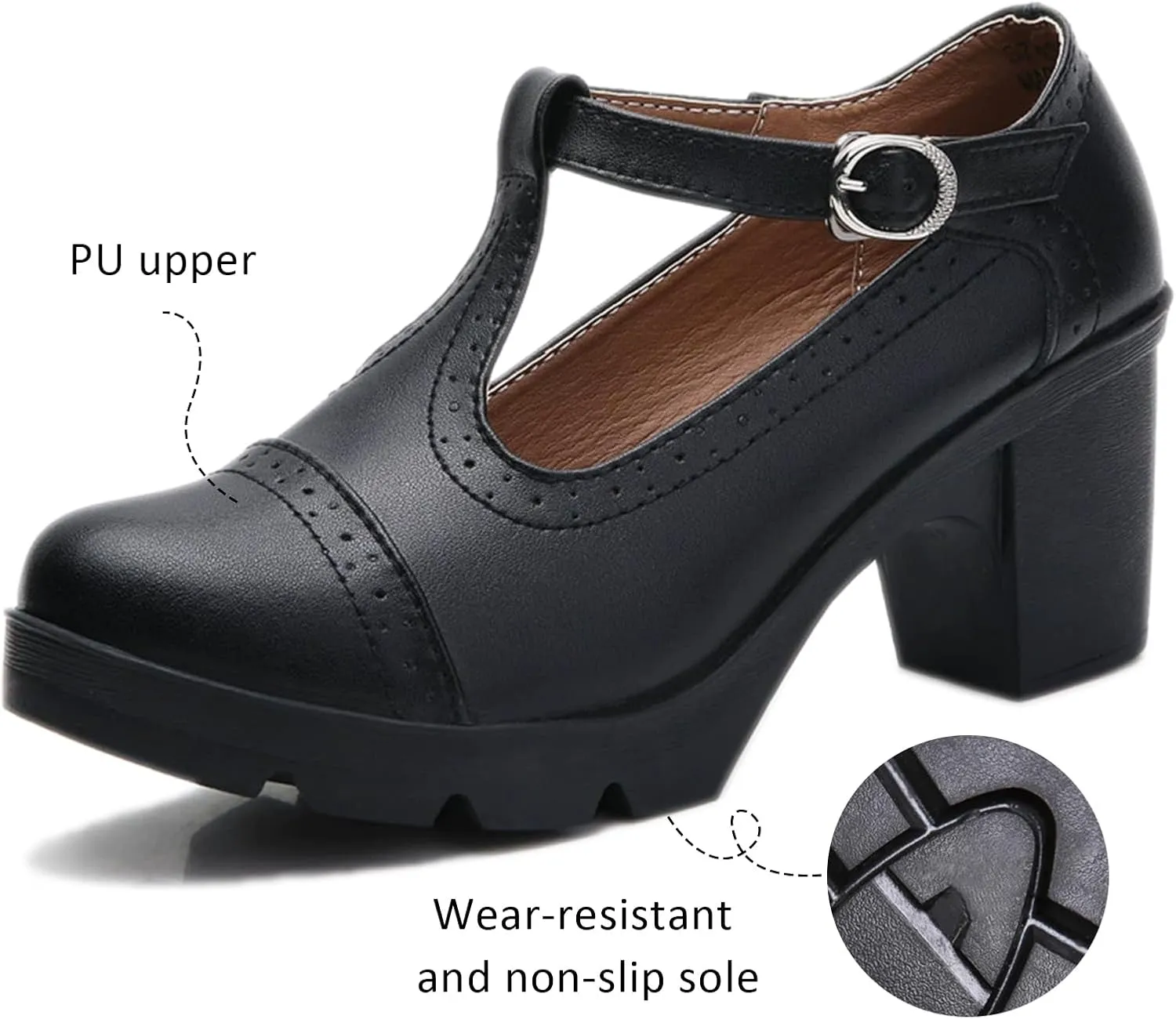 Women's T-Strap Wingtip Platform Chunky Heel Mary Janes with Adjustable Buckle Retro Round Toe Comfort Leather Anti-Slip High Block Heel Brogue Oxfords for Wedding Work Dress