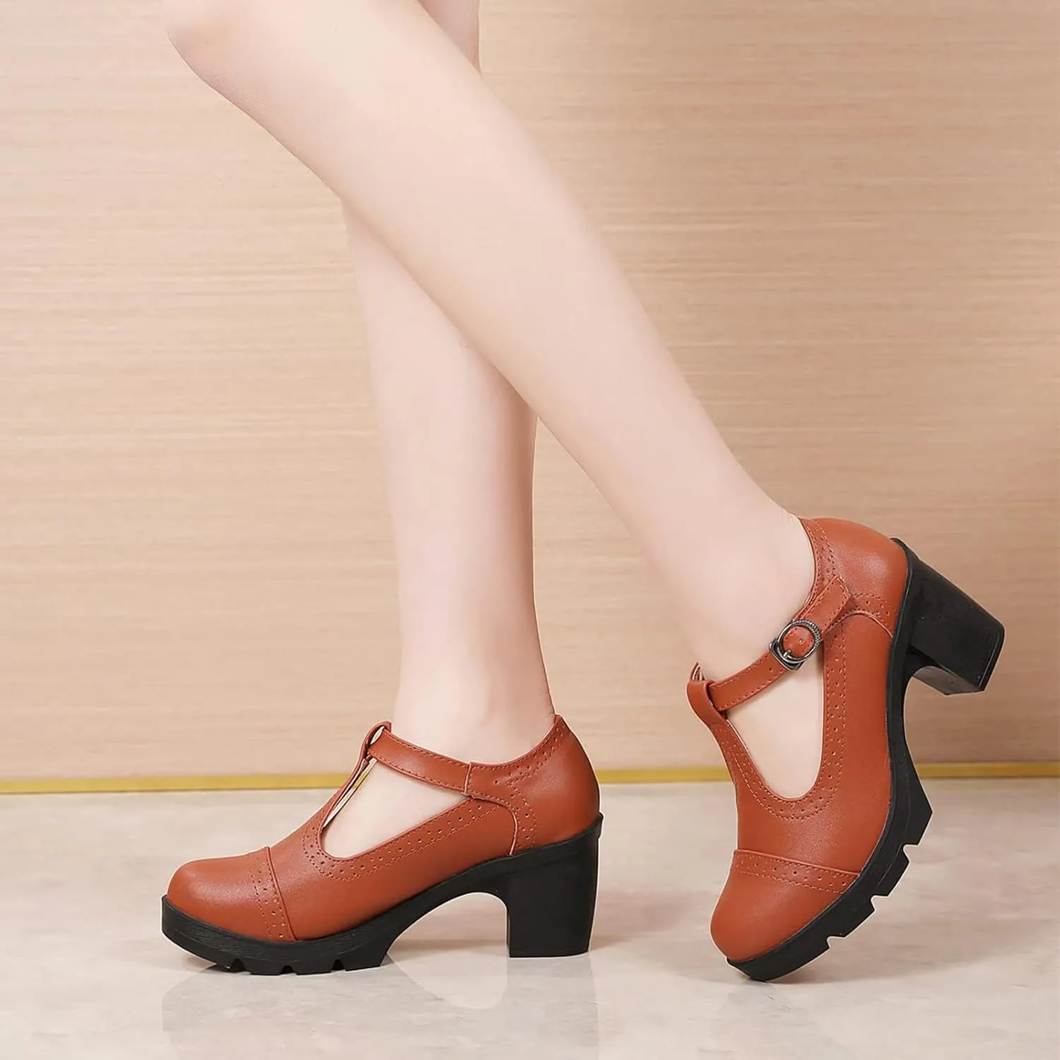 Women's T-Strap Wingtip Platform Chunky Heel Mary Janes with Adjustable Buckle Retro Round Toe Comfort Leather Anti-Slip High Block Heel Brogue Oxfords for Wedding Work Dress