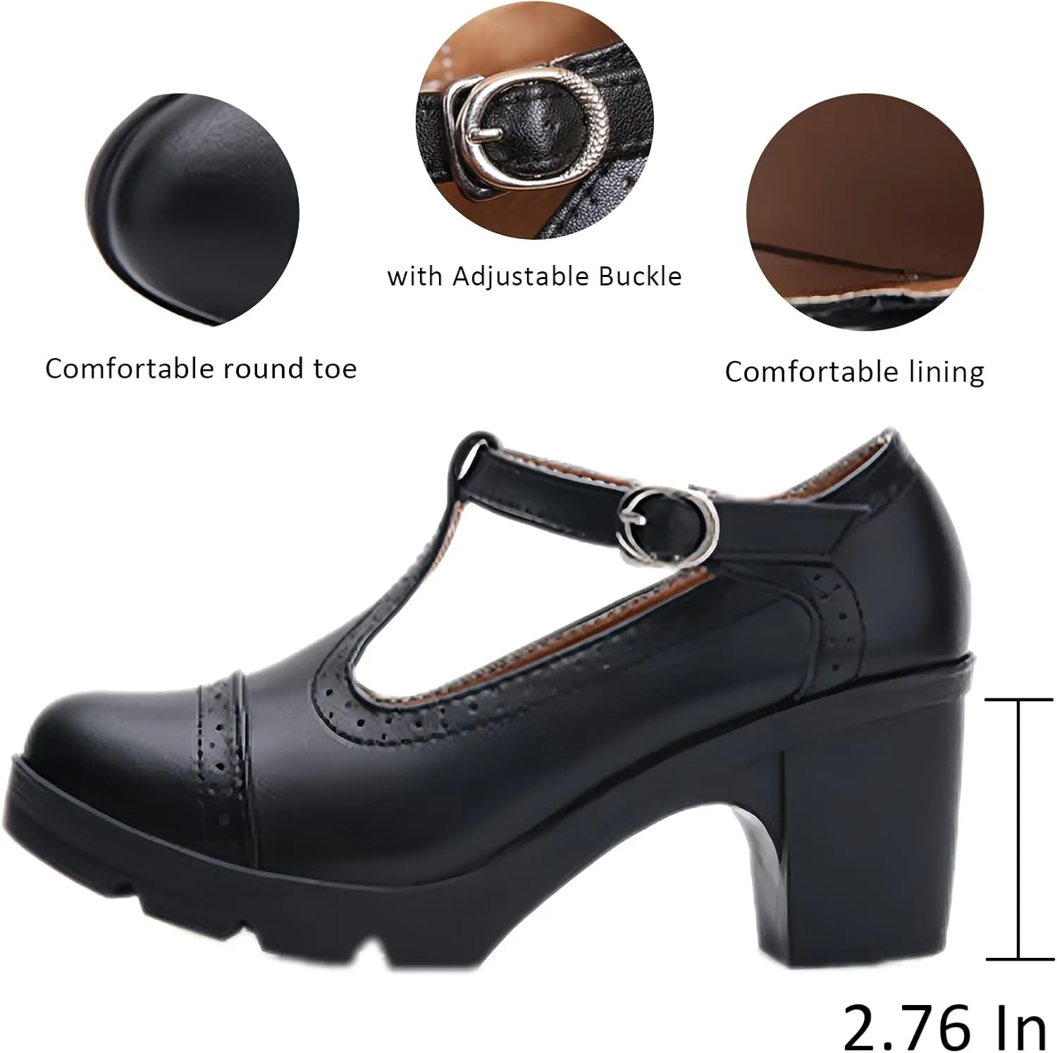 Women's T-Strap Wingtip Platform Chunky Heel Mary Janes with Adjustable Buckle Retro Round Toe Comfort Leather Anti-Slip High Block Heel Brogue Oxfords for Wedding Work Dress