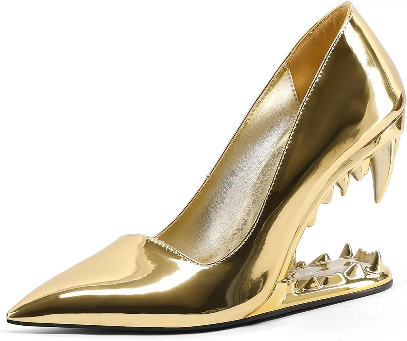 Women's Tiger Tooth Slip On High Heels Pointed Toe Mirror Patent Leather Comfort Pumps Shoes