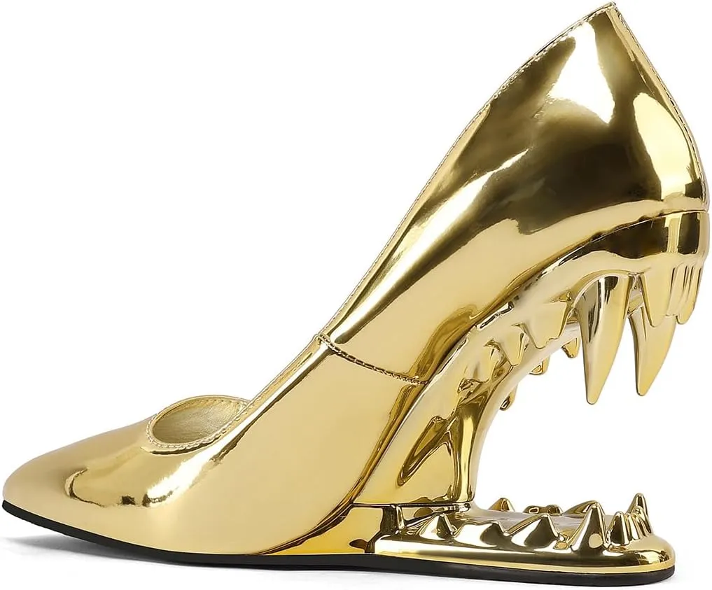 Women's Tiger Tooth Slip On High Heels Pointed Toe Mirror Patent Leather Comfort Pumps Shoes