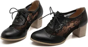 Women's Vintage Lace Wingtip Oxfords Pumps Comfortable Stacked Chunky Block Heel Brogues Prom Shoes Work Office Dress Shoes