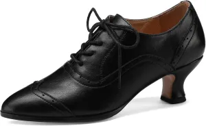 Women's Vintage Leather Wingtip Oxfords, Comfortable Lace-Up Shoes for Walking and Work, 2-Inch French Heel and Pointed Toe