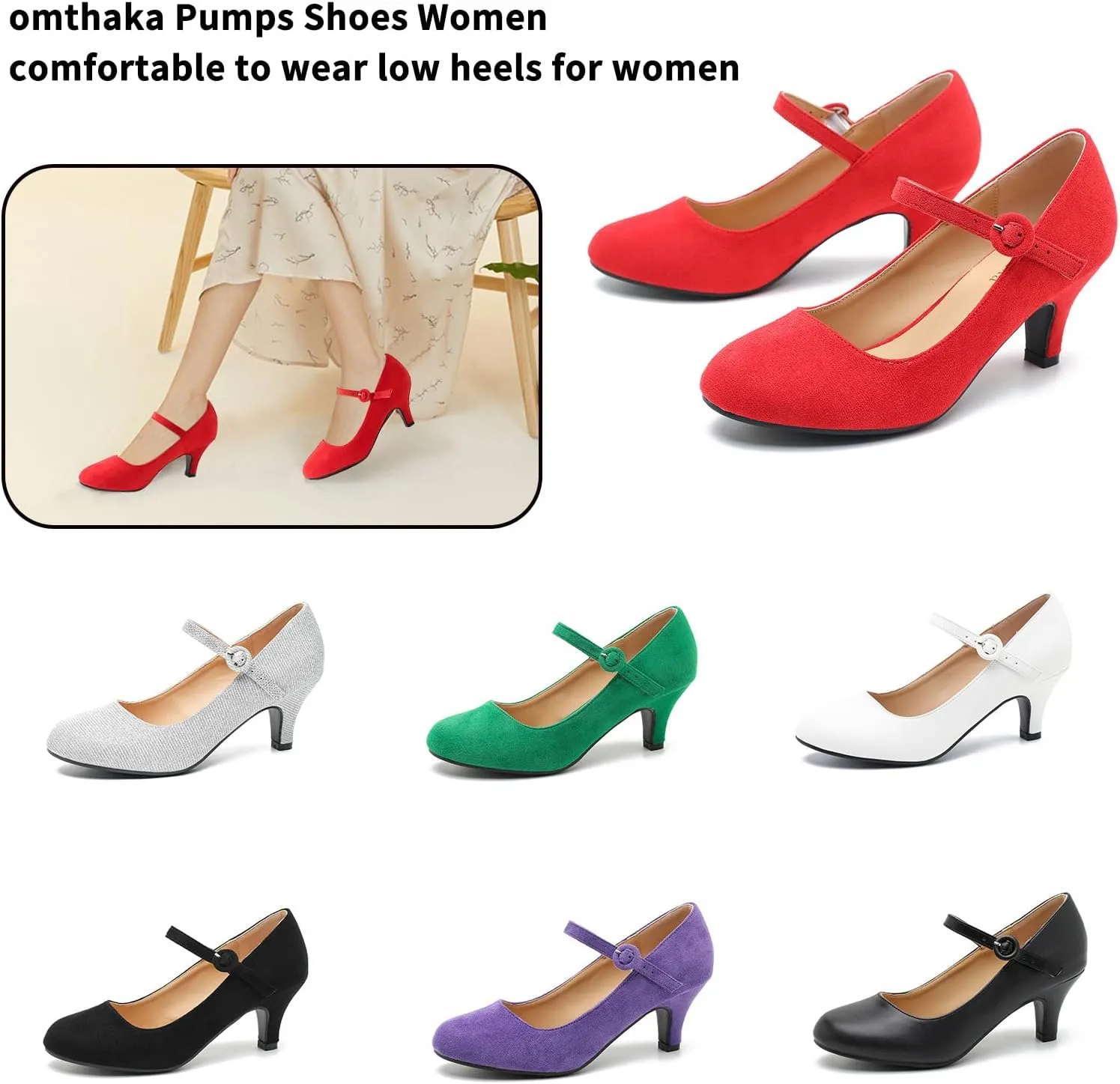 Women's Vintage Mary Jane Shoes Dress Comfortable Low Kitten Heels Ankle Strap Closed Round Toe Office Work Wedding Pumps