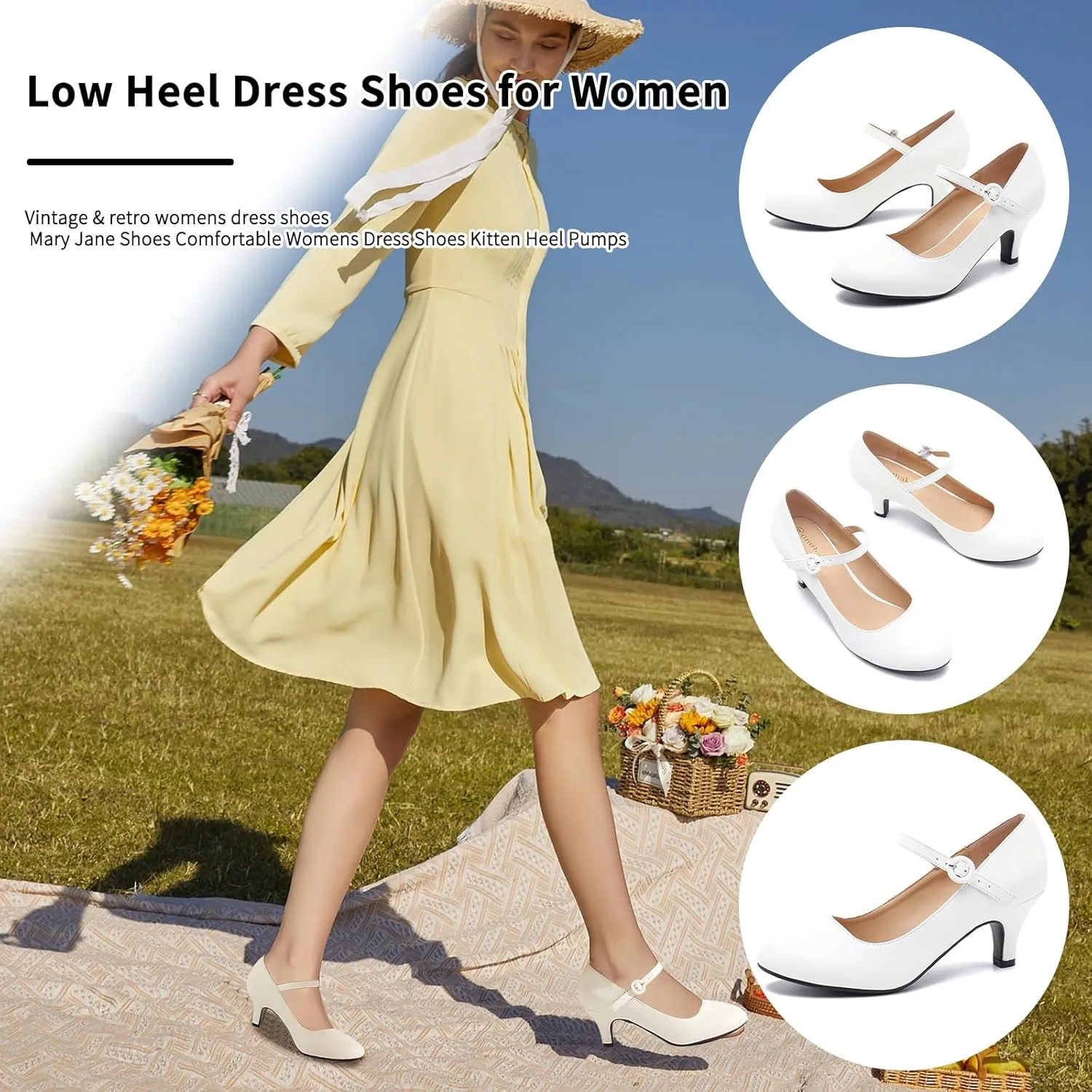 Women's Vintage Mary Jane Shoes Dress Comfortable Low Kitten Heels Ankle Strap Closed Round Toe Office Work Wedding Pumps