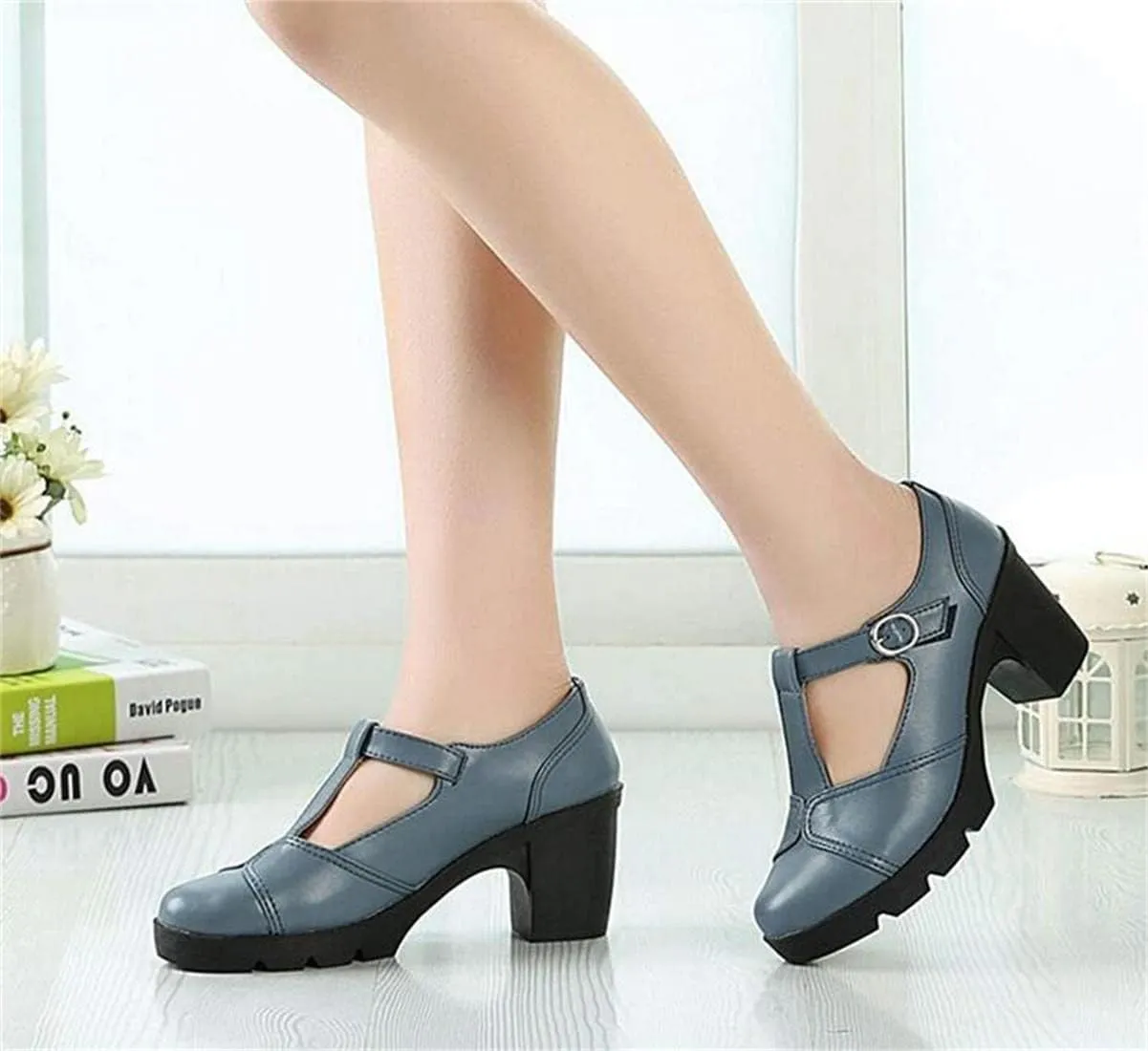 Women's Vintage T-Strap Brogue Dress Shoes Chunky Mid-Heel Oxfords Saddle Shoes