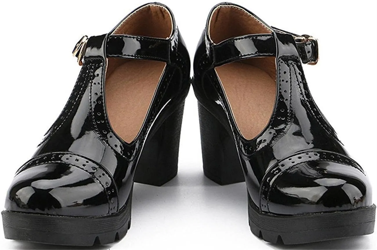 Women's Vintage T-Strap Brogue Dress Shoes Chunky Mid-Heel Oxfords Saddle Shoes