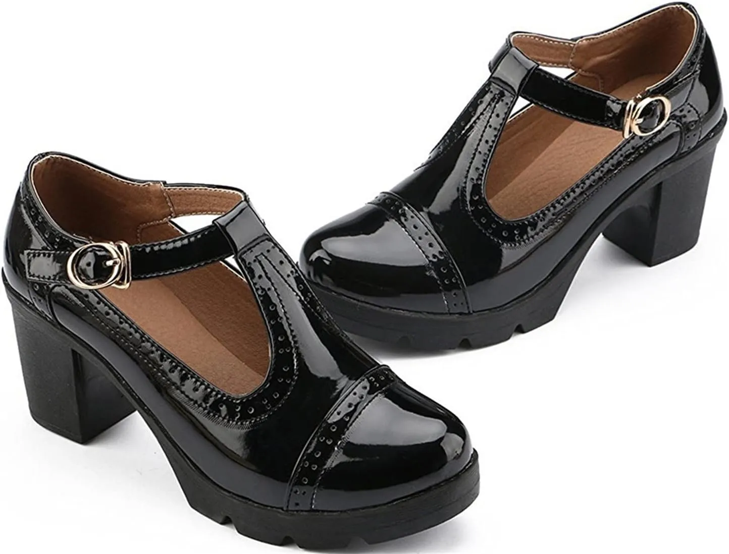 Women's Vintage T-Strap Brogue Dress Shoes Chunky Mid-Heel Oxfords Saddle Shoes