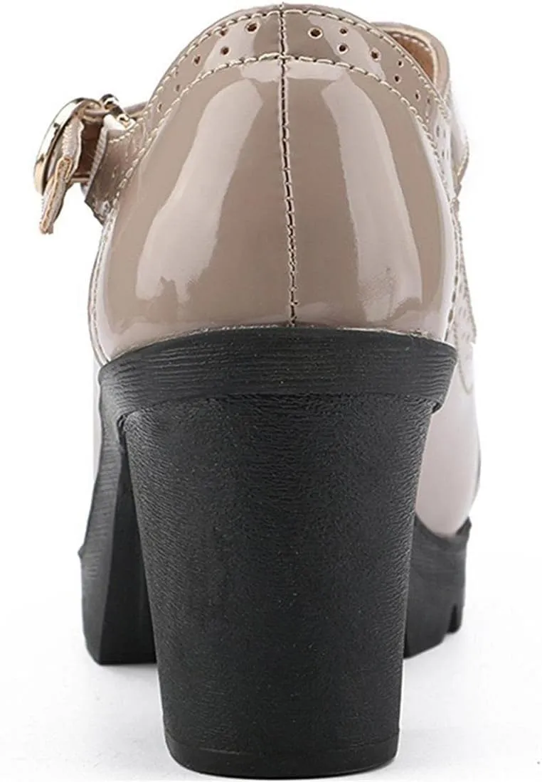 Women's Vintage T-Strap Brogue Dress Shoes Chunky Mid-Heel Oxfords Saddle Shoes