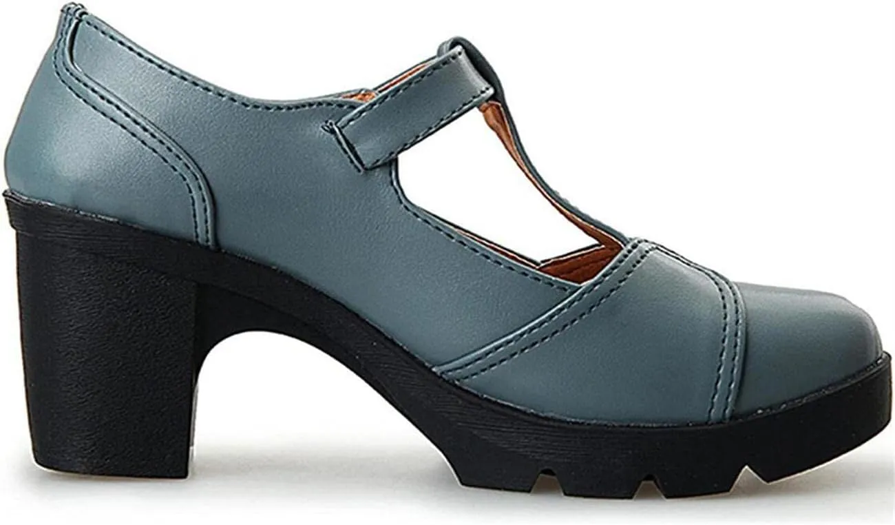 Women's Vintage T-Strap Brogue Dress Shoes Chunky Mid-Heel Oxfords Saddle Shoes