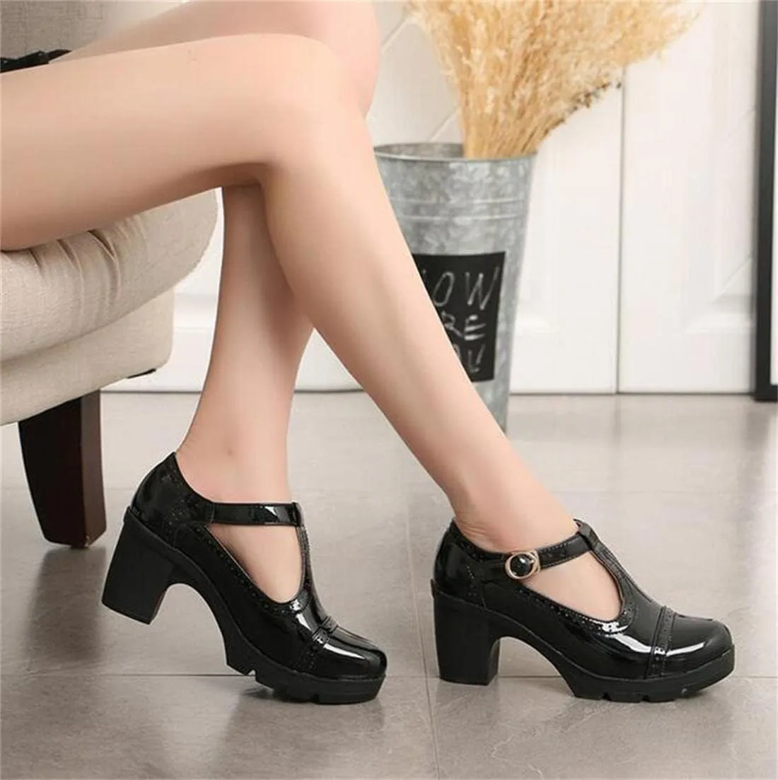 Women's Vintage T-Strap Brogue Dress Shoes Chunky Mid-Heel Oxfords Saddle Shoes