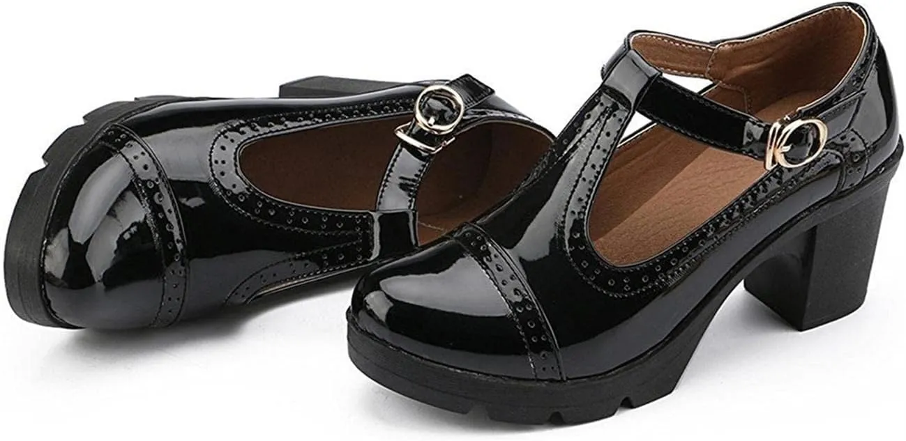 Women's Vintage T-Strap Brogue Dress Shoes Chunky Mid-Heel Oxfords Saddle Shoes