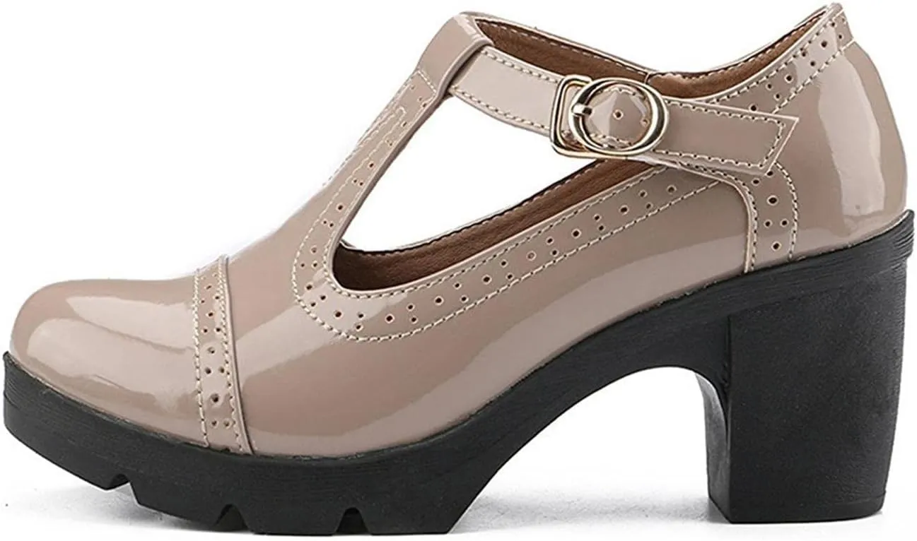 Women's Vintage T-Strap Brogue Dress Shoes Chunky Mid-Heel Oxfords Saddle Shoes