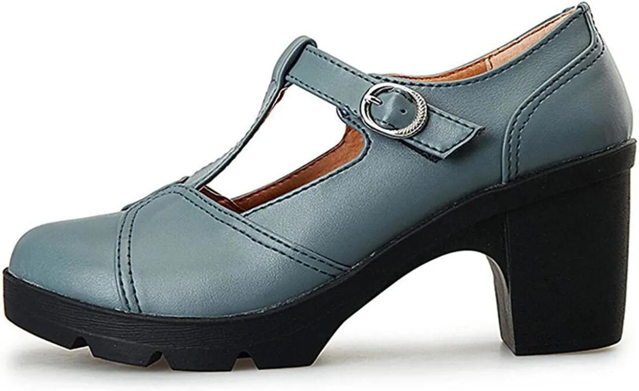 Women's Vintage T-Strap Brogue Dress Shoes Chunky Mid-Heel Oxfords Saddle Shoes