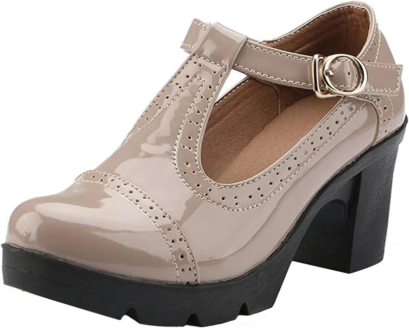 Women's Vintage T-Strap Brogue Dress Shoes Chunky Mid-Heel Oxfords Saddle Shoes