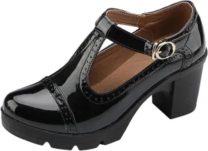 Women's Vintage T-Strap Brogue Dress Shoes Chunky Mid-Heel Oxfords Saddle Shoes