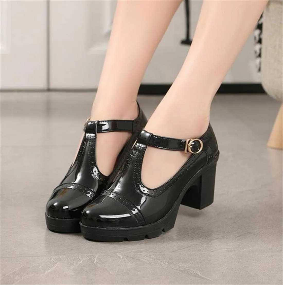 Women's Vintage T-Strap Brogue Dress Shoes Chunky Mid-Heel Oxfords Saddle Shoes
