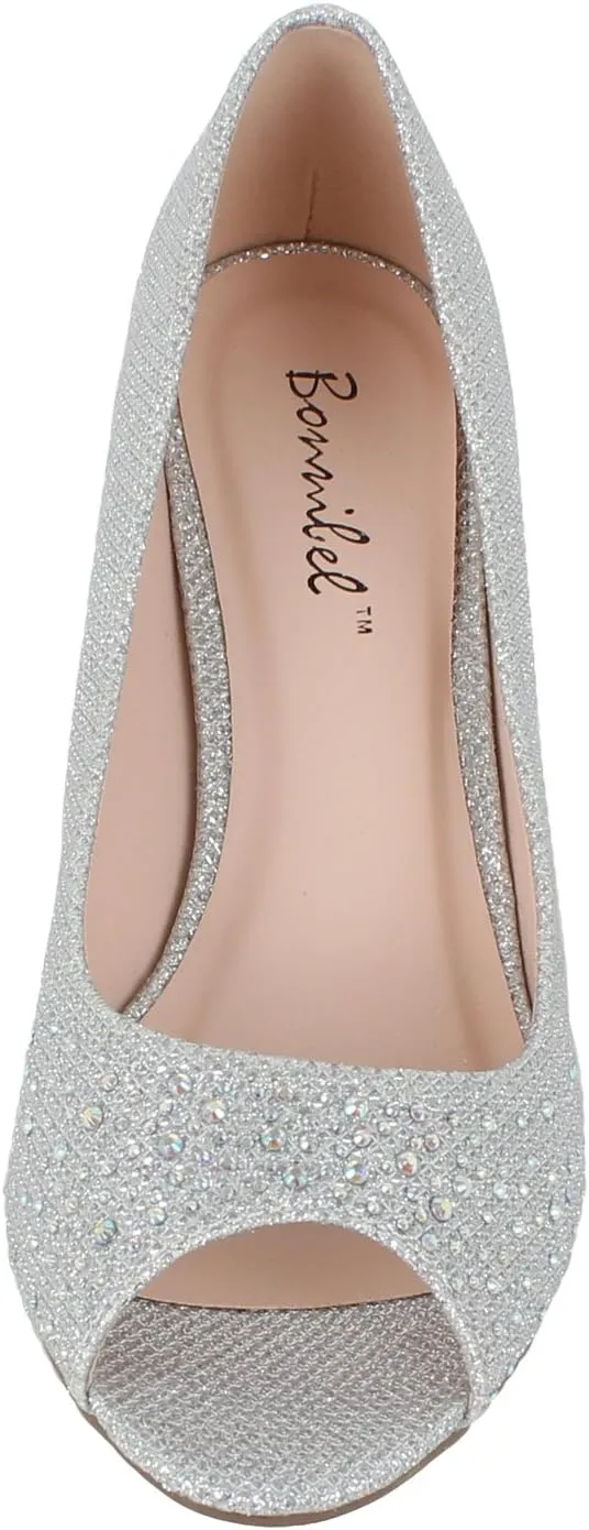 Wonda-2 Womens Peep Toe Low Heel Glitter Slip On Dress Pumps
