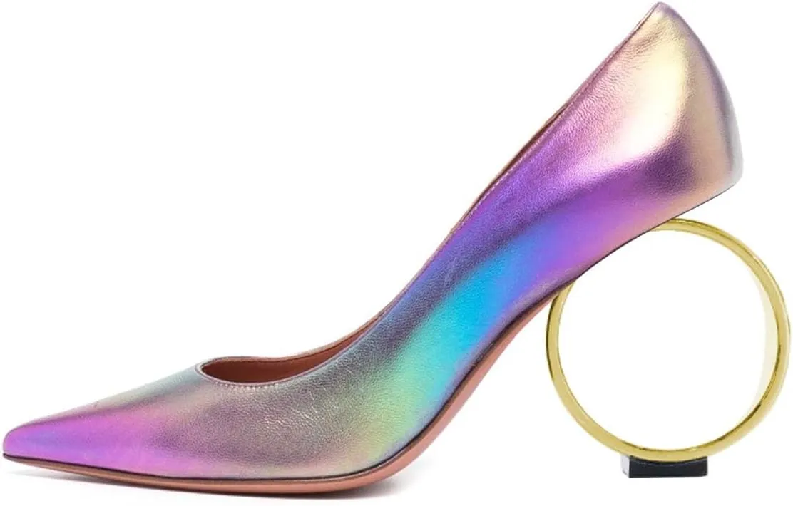 XYD Women Metal Circular High Heel Closed Pointed Toe Pumps Slip-on Office Formal Party Chic Shoes