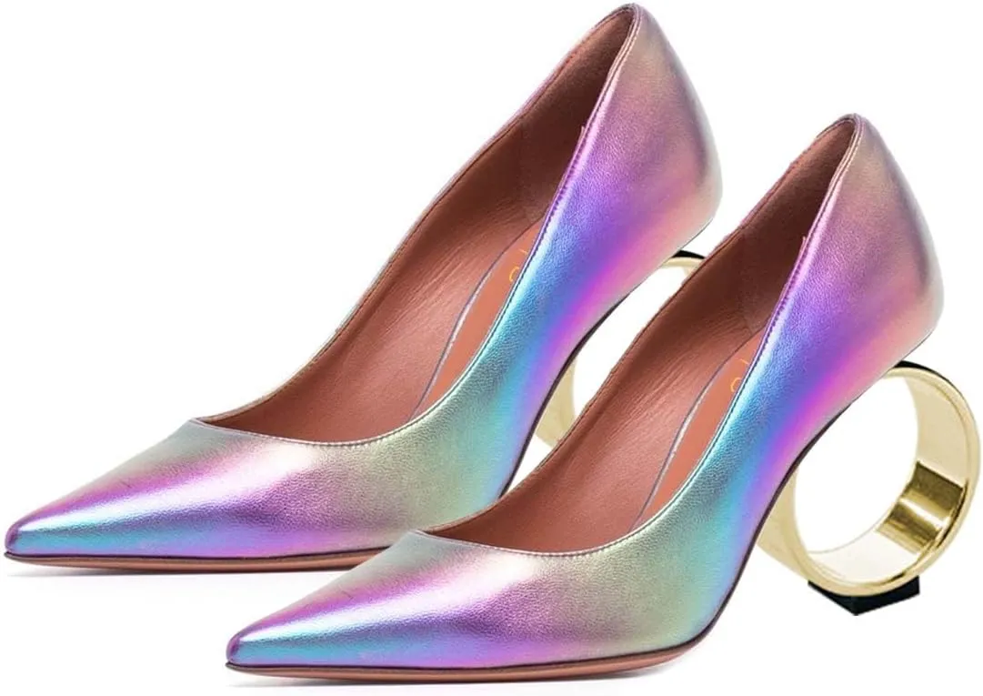 XYD Women Metal Circular High Heel Closed Pointed Toe Pumps Slip-on Office Formal Party Chic Shoes