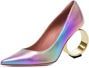 XYD Women Metal Circular High Heel Closed Pointed Toe Pumps Slip-on Office Formal Party Chic Shoes