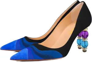 XYD Women Wave Pattern Pointed Toe Slip On Party Pumps Jewelry High Heel Colorful Rainbow Slip On Chic Dress Shoes