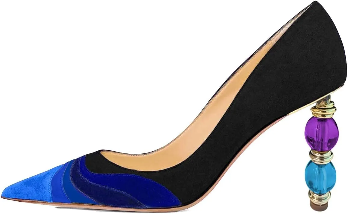 XYD Women Wave Pattern Pointed Toe Slip On Party Pumps Jewelry High Heel Colorful Rainbow Slip On Chic Dress Shoes