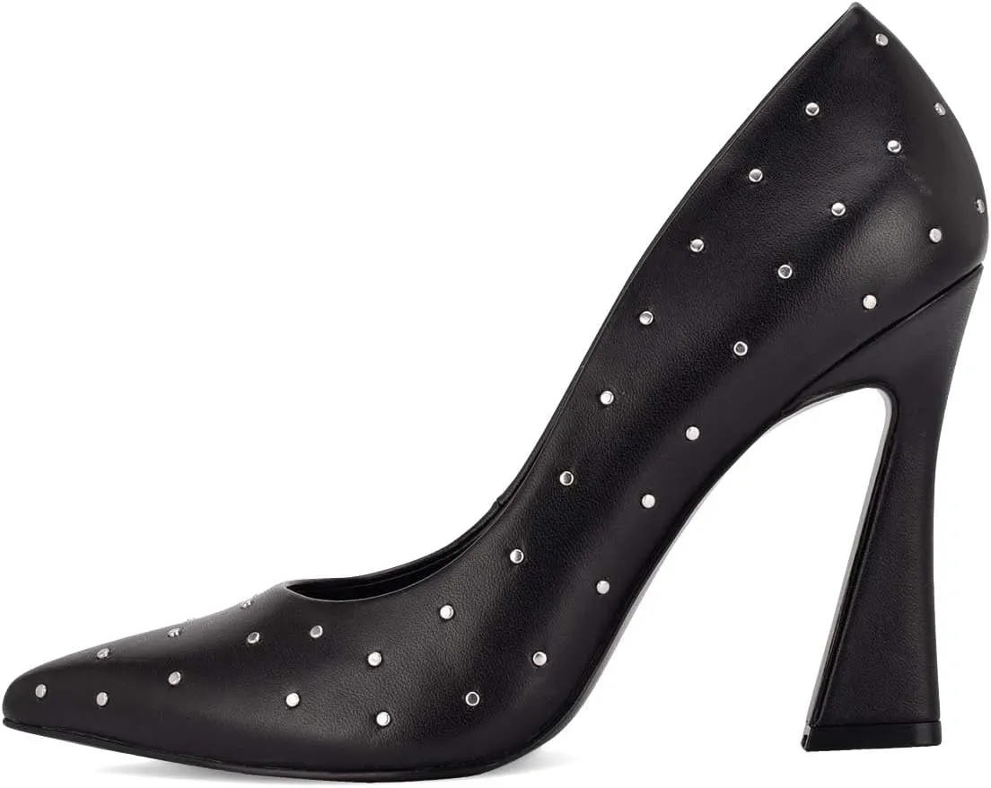 XYD Women's Chic Studs Pointed Closed Toe Slip On Pumps Block High Heels Formal Event Evening Dress Shoes