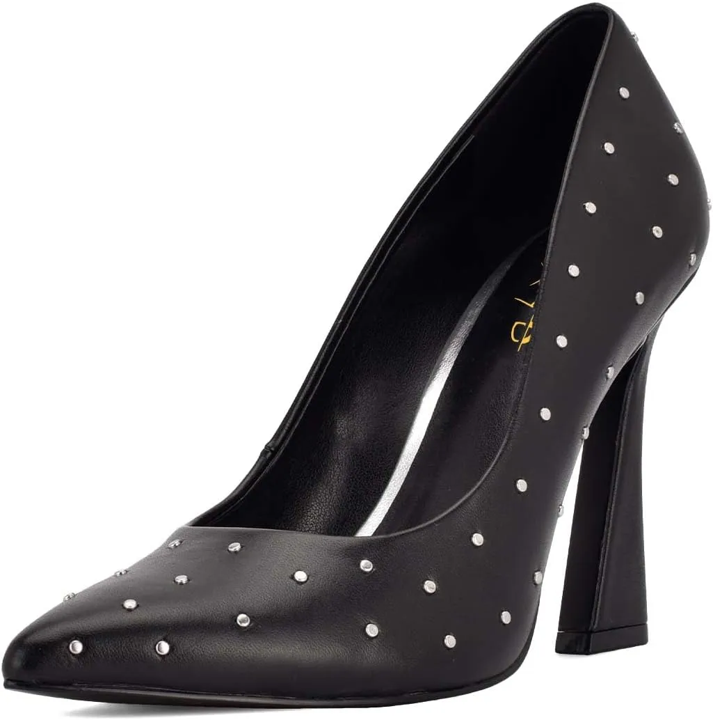 XYD Women's Chic Studs Pointed Closed Toe Slip On Pumps Block High Heels Formal Event Evening Dress Shoes