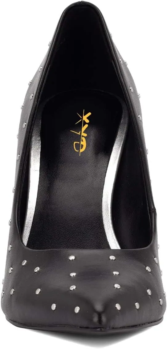 XYD Women's Chic Studs Pointed Closed Toe Slip On Pumps Block High Heels Formal Event Evening Dress Shoes
