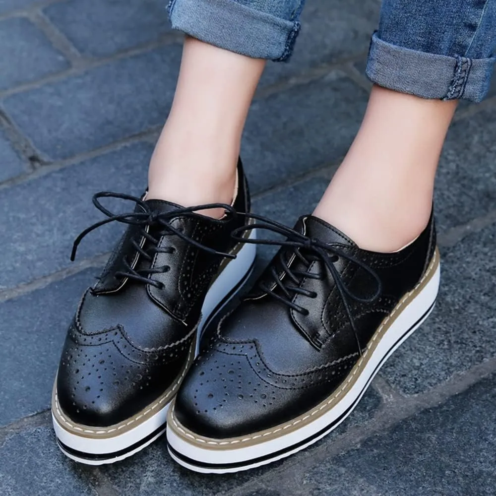 YING LAN Women's Platform Lace-Up Wingtips Square Toe Oxfords Shoe