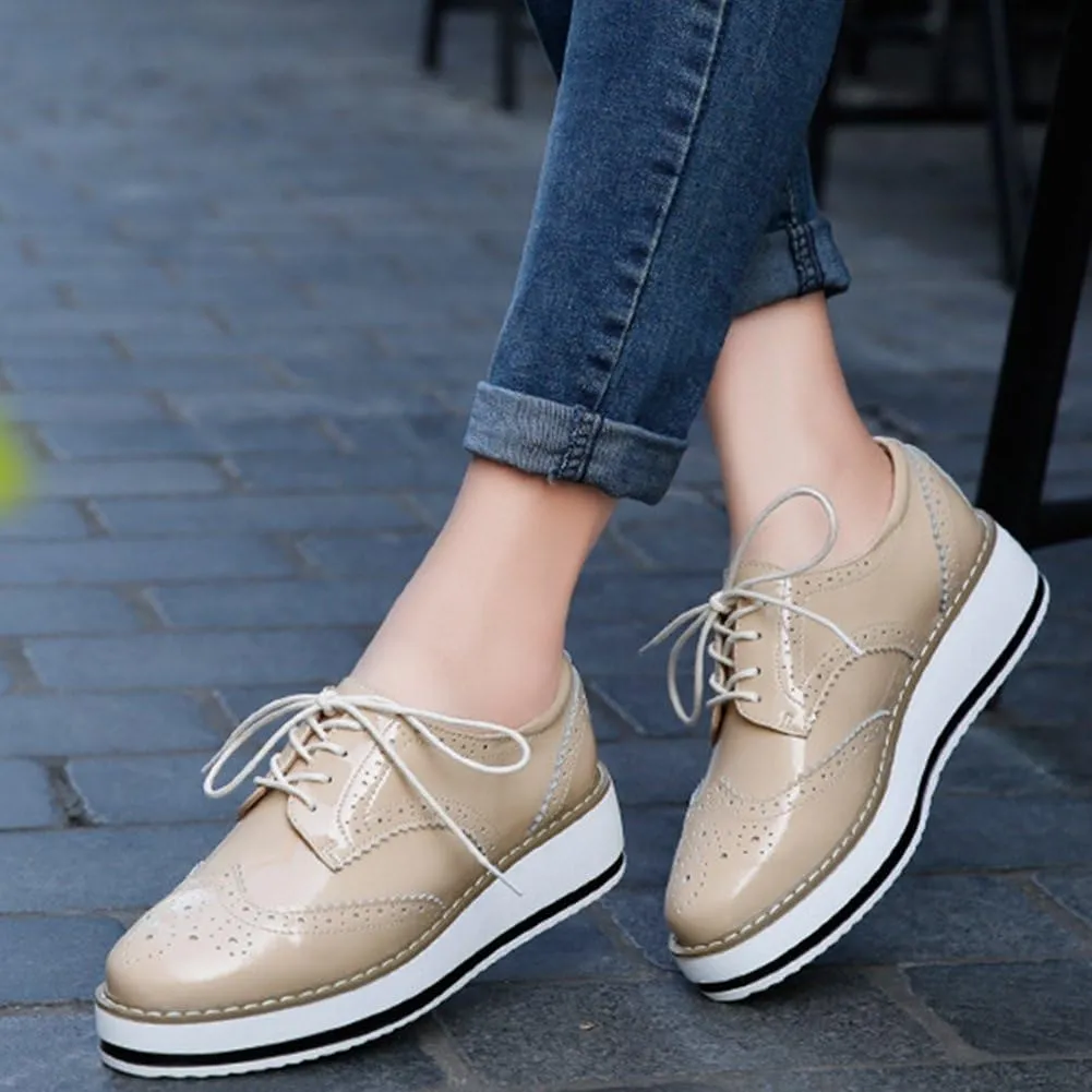 YING LAN Women's Platform Lace-Up Wingtips Square Toe Oxfords Shoe