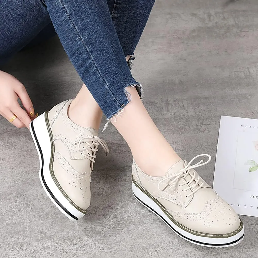YING LAN Women's Platform Lace-Up Wingtips Square Toe Oxfords Shoe