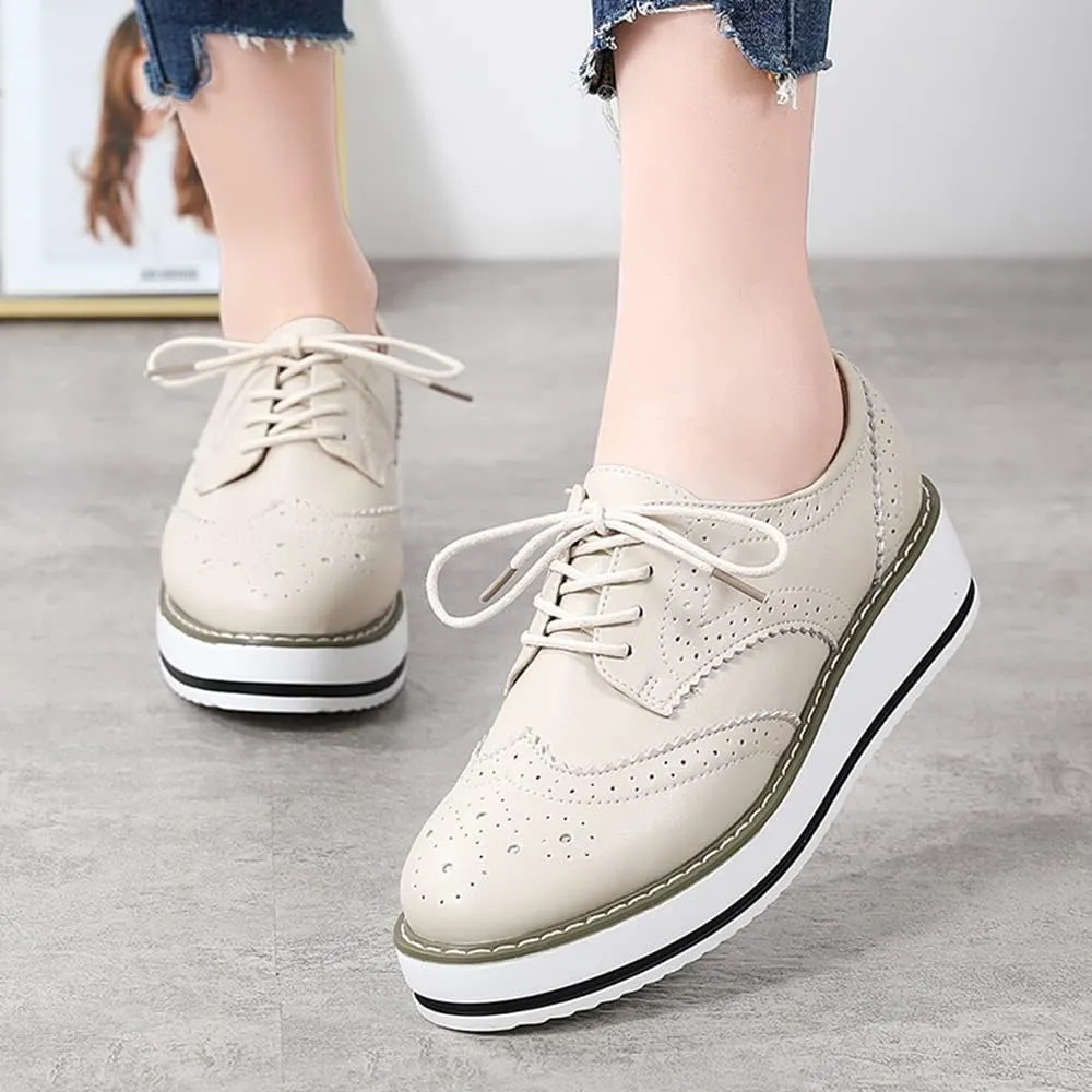YING LAN Women's Platform Lace-Up Wingtips Square Toe Oxfords Shoe