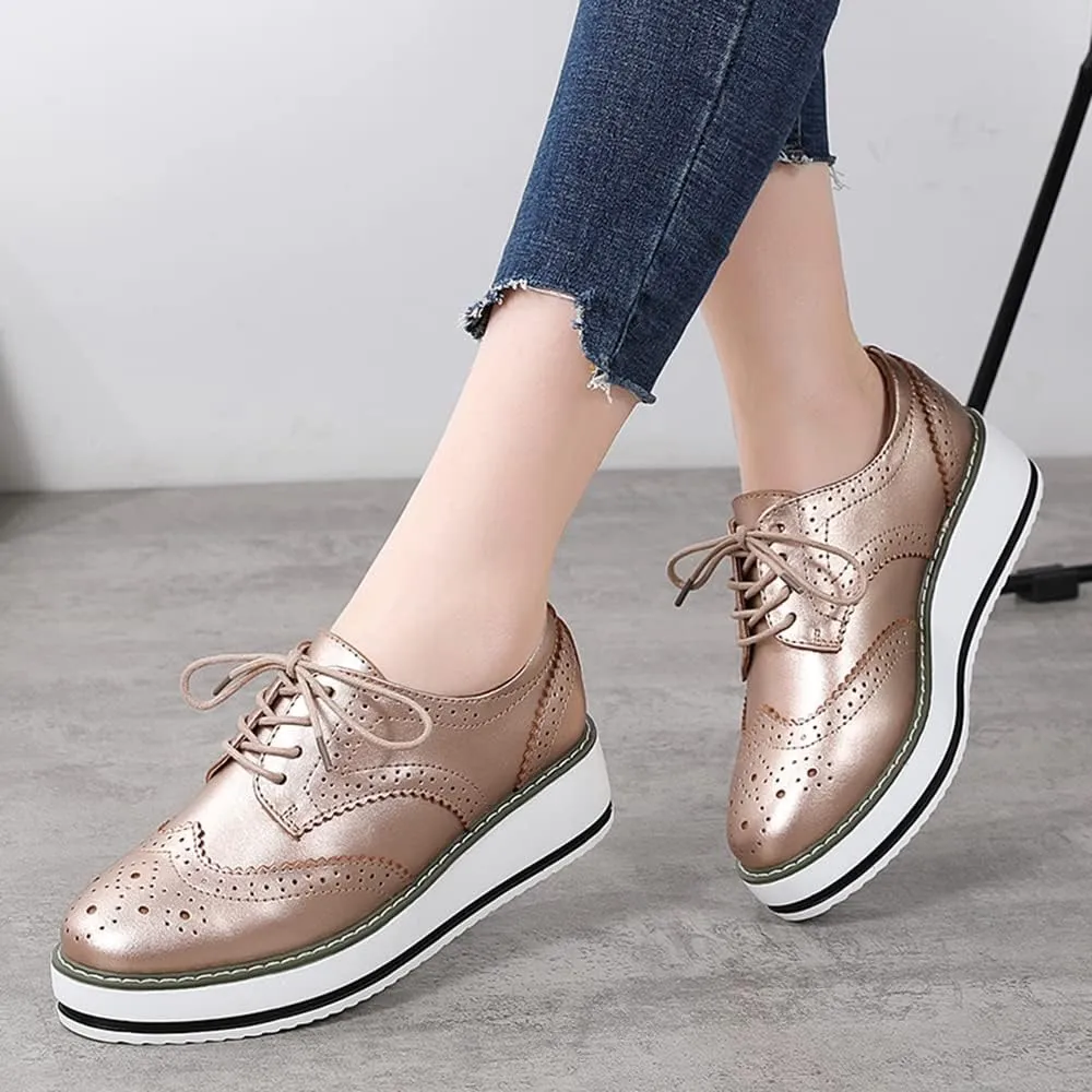 YING LAN Women's Platform Lace-Up Wingtips Square Toe Oxfords Shoe