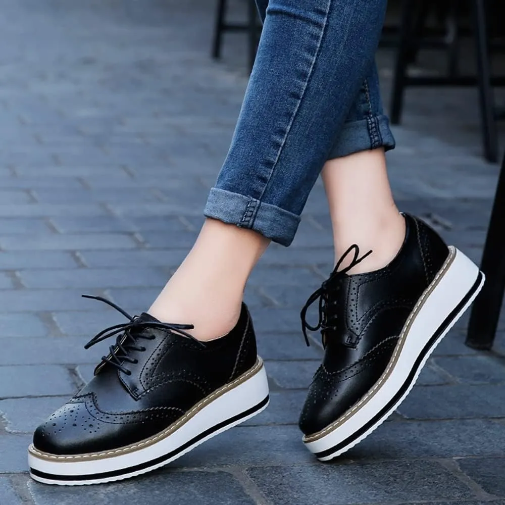 YING LAN Women's Platform Lace-Up Wingtips Square Toe Oxfords Shoe