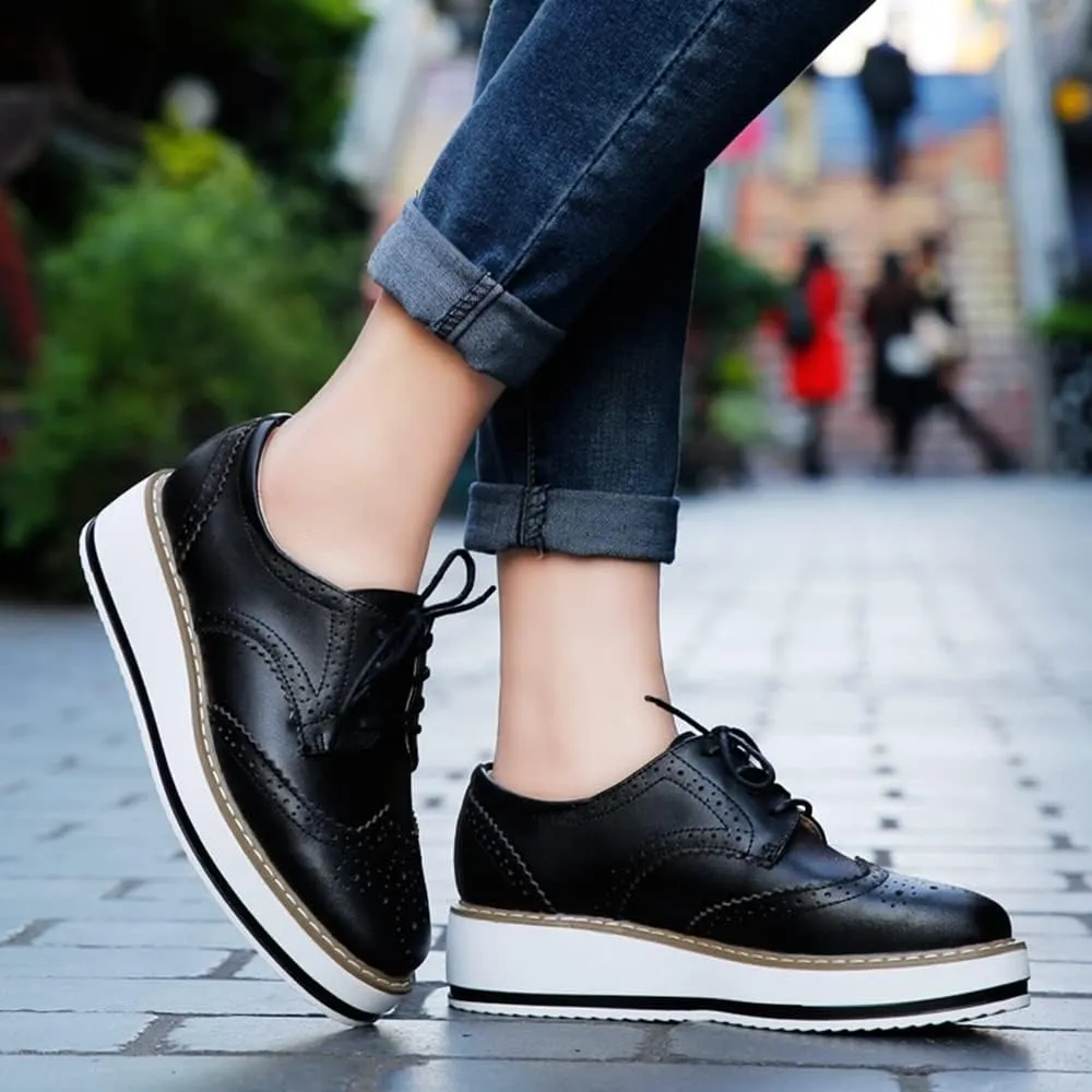YING LAN Women's Platform Lace-Up Wingtips Square Toe Oxfords Shoe