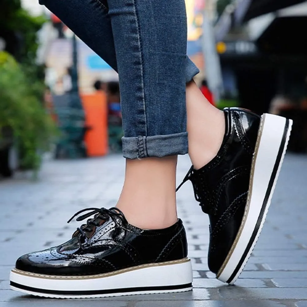 YING LAN Women's Platform Lace-Up Wingtips Square Toe Oxfords Shoe