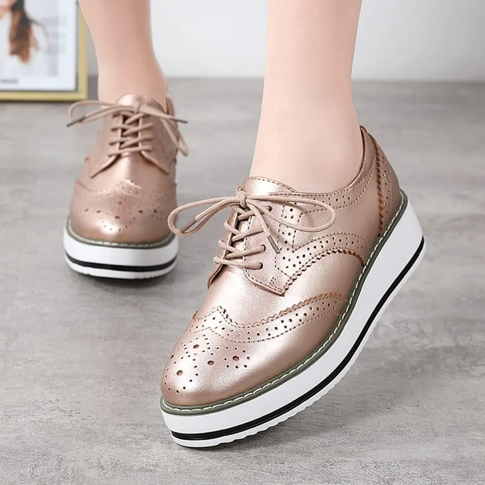 YING LAN Women's Platform Lace-Up Wingtips Square Toe Oxfords Shoe