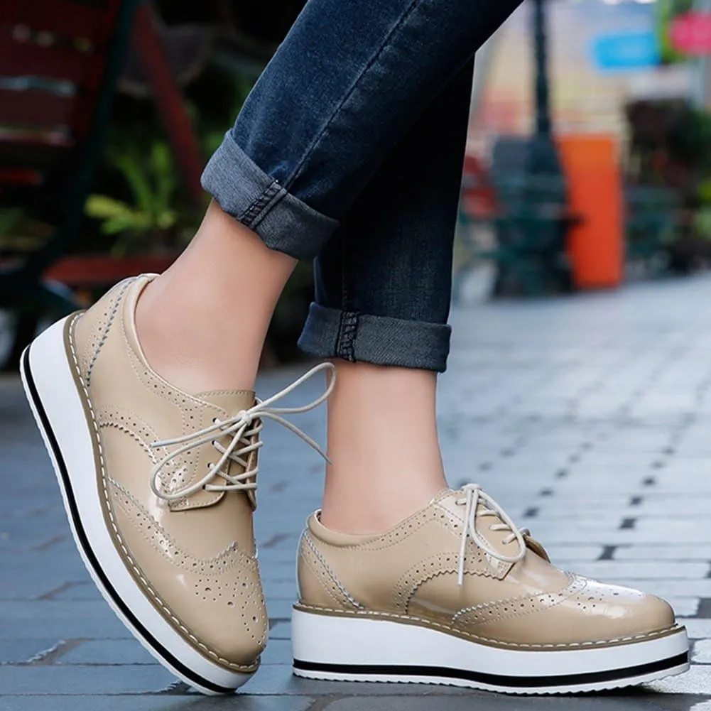 YING LAN Women's Platform Lace-Up Wingtips Square Toe Oxfords Shoe