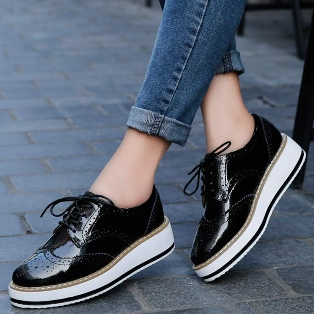 YING LAN Women's Platform Lace-Up Wingtips Square Toe Oxfords Shoe
