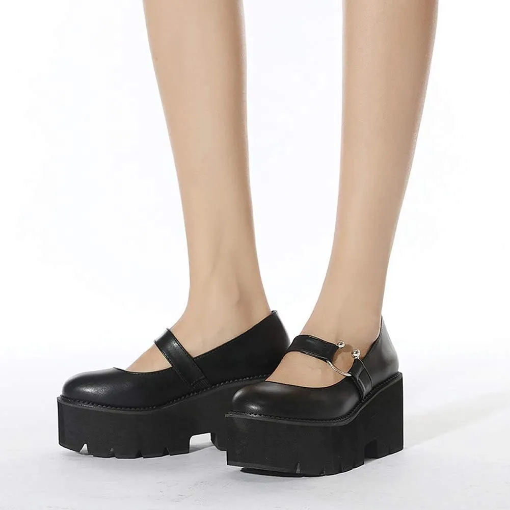 YIYA Women's Pumps Platform Gothic Lolita Shoes Ankle Strap Buckle Chunky Heels Black Mary Jane Pumps for Women