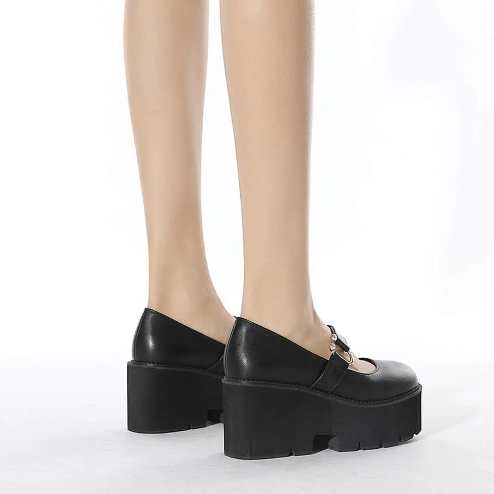 YIYA Women's Pumps Platform Gothic Lolita Shoes Ankle Strap Buckle Chunky Heels Black Mary Jane Pumps for Women